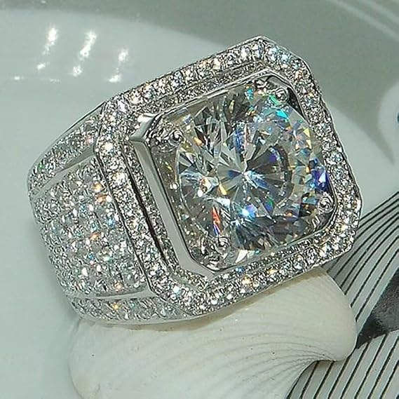 Men's Wedding Band 925 Sterling Silver Mens Diamond Ring Bold Full Diamond Band, Luxury Statement Ring for Men 925 Sterling Silver Ring Out Anniversary Wedding Band Jewelry Gifts Size 11