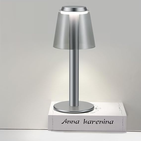 Cordless Table Lamp Rechargeable - Portable Metal lamp Battery Operated 3 Color Stepless Dimming - LED Wireless Lamp for Bedroom/Dining Table/Counter/Living Room/Bars/Outdoor Party/Terrace (Grey)