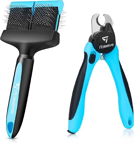 iToleeve Professional LED Dog Nail Clipper + Dual Flexible Slicker Brush, Nail Clipper with Light and Safety Guard, Illuminates Dogs Nails, Dog Brush for Long Hair, Gently Removes Undercoat, Tangles