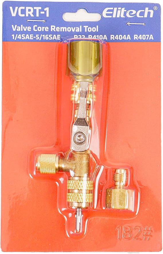 Elitech Valve Core Removal Installer Tool for HVAC VCRT-1, AC Schrader Valve Tool with Dual Size SAE 1/4 and 5/16 Port Brass Adapter Compatible with R22 R12 R410 R32 R404 R407 with Valve Cores