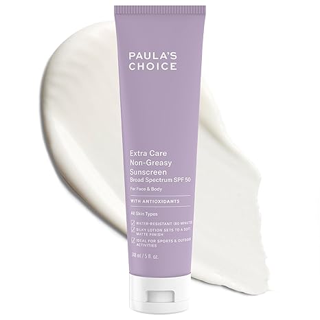 Paula's Choice Extra Care Oil Free Sunscreen for Face, SPF 50 Face & Body Sunscreen, Daily Moisturizing Lotion with Aloe & Vitamin A/C, Sweat & Water Resistant, Fragrance-Free, UVA/UVB Protection, 5oz