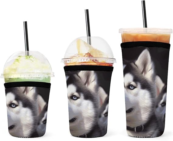 3 Pack Reusable Sleeve for Iced Coffee Cups,Husky Dog Neoprene Coffee Coolies Sleeves Insulator Coffee Sleeve Can Cooler Covers,Insulated Bottle Coolers for Iced&Hot Drinks
