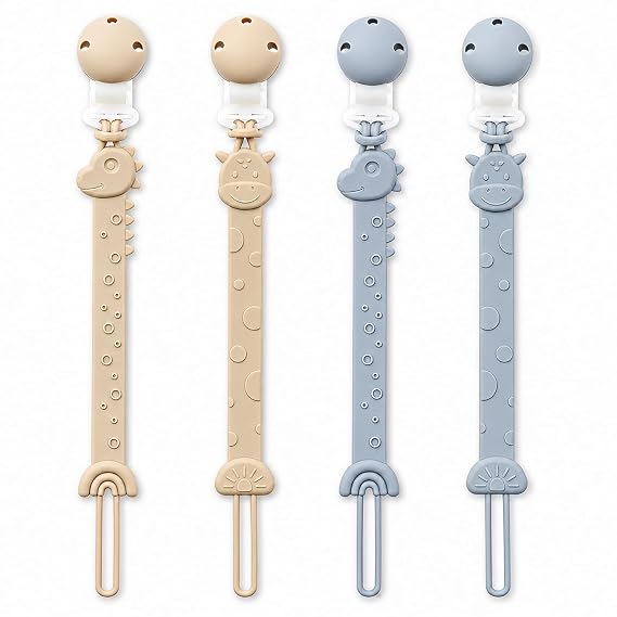 Pacifier Clips for Baby Boys Girls, One-Piece Silicone Pacifier Holder Strap 4 Pack, Binky Paci Clips Animal Rainbow Design, Lightweight Break-Resistant, Dishwasher Safe-Ivory+Baby Blue