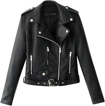 WUAI-Women Trendy Faux Leather Moto Biker Jacket Classic Side Zipper PU Coats Outwear Plus Size