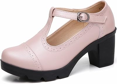 DADAWEN Womens Leather Classic T-Strap Platform Chunky Mid-Heel Mary Jane Square Toe Oxfords Dress Pump Shoes