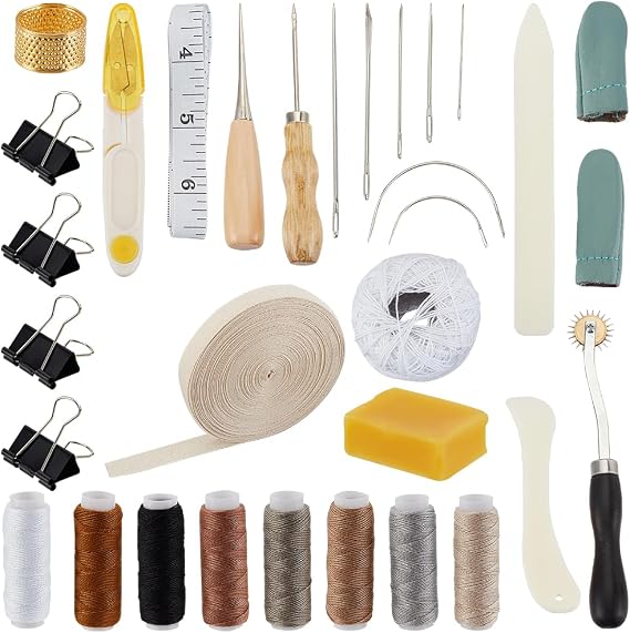 OLYCRAFT Book Binding Tool Kits Bookbinding Starter Tools Set with Needles Scissor Awl Tracing Wheel Tape Measure Thimble Cotton Threads Ribbon Natural Bee Wax Binder Clips for Bookbinding Supplies