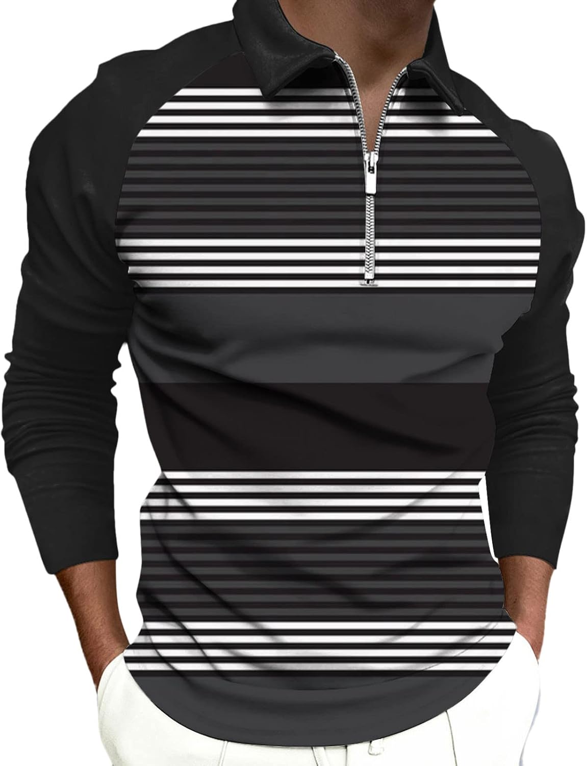 T-Shirts for Men Causal Striped Long Sleeve Muscle Fit Half Zip Shirt Outdoor Fashion Sports Pullover Tees Shirts