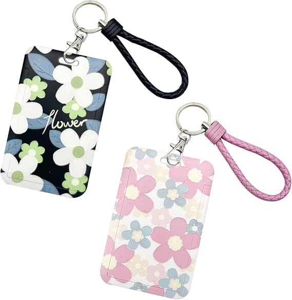 2 Pcs Kpop Photocard Holder Keychain Flower ID Badge Holder With PC Holder Student Bus Card Pendant Badge Reel Stationery for Back to School (Black and Pink)