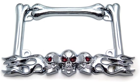 HTTMT- MT294-006-CD- Cruiser Accessories Skull & Flame Motorcycle License Plate Frame (Chrome) Durable And Long Lasting.