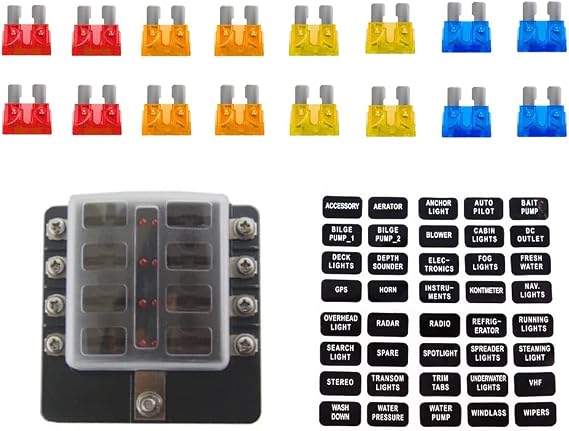 8 Way Blade Fuse Box Holder, 8 Way ATC/ATO Blade Fuse Holder Box, 8 Way ATC/ATO Blade Fuse Holder Box with 5A/1-A/15A/20A Fuses, 8 Way Blade Fuse Block 6 Circuits