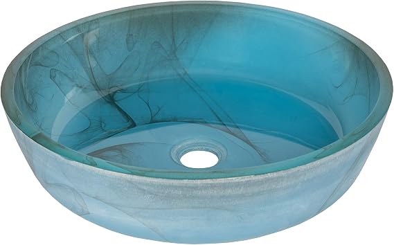 Eden Bath Blue Mist Flat Bottomed Round Glass Sink Bowl Bathroom Vessel Sink for Vanity Top