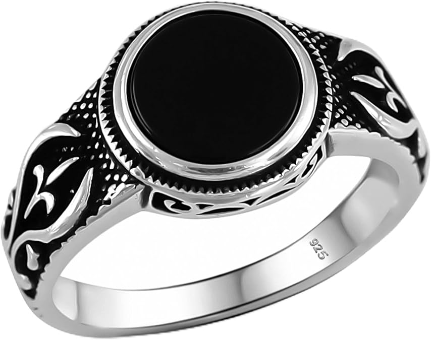 Genuine Solid 925 Sterling Silver Black Onyx Stone, Turkish Handmade Anatolian Motif Men's Ring Gift for Him