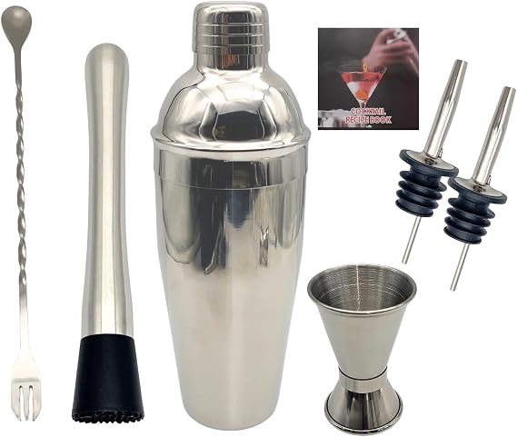 7-Piece Cocktail Shaker Set, Bartender Kit, Home Bar Accessories, Mixing Spoon, Measuring Jigger, Pour Spout, Muddler ,23oz Shaker with Built-in Bartender Strainer,Stainless Steel Bar Set