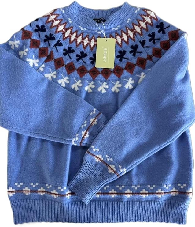 Women Pullovers, Blue Knit Sweater with Fair Isle Pattern, Long Sleeve Crew Neck