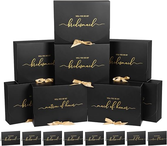 8 Pack Bridesmaid Proposal Box with Cards, 10.6x7.9x3.1, Black