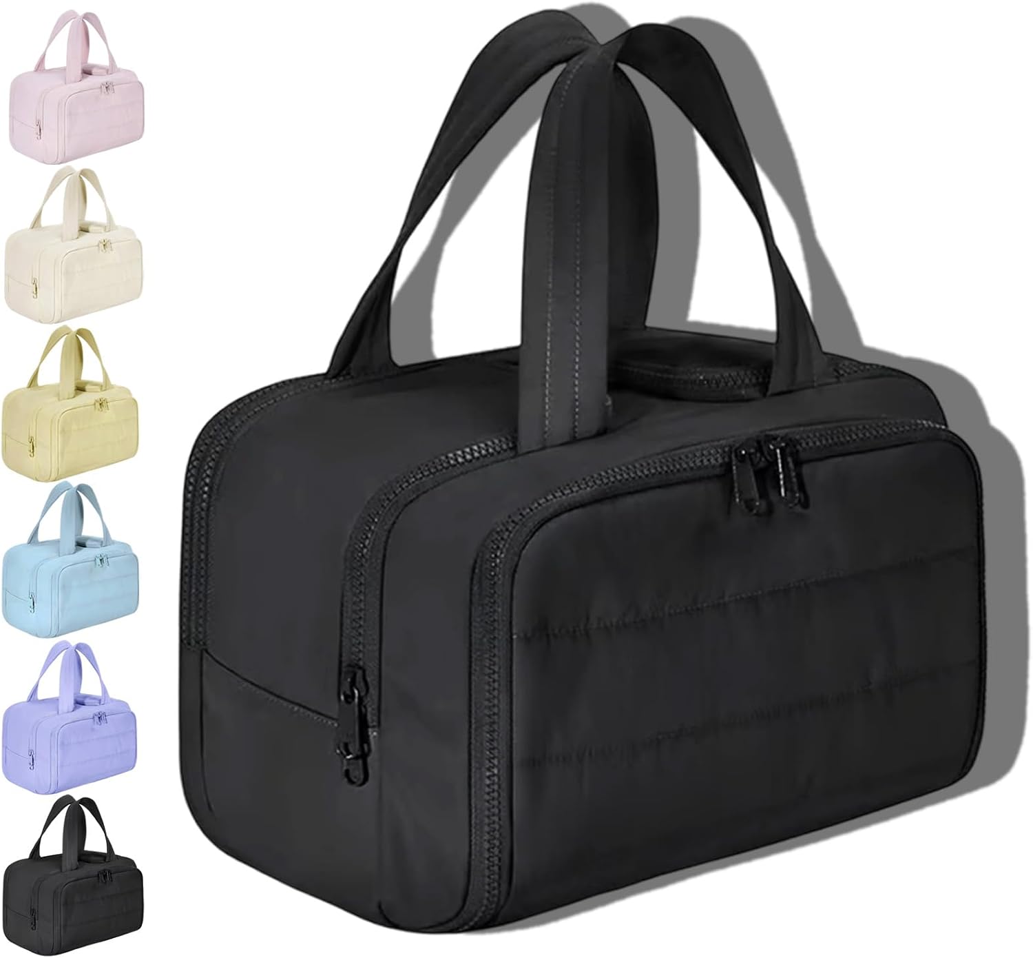 Cureaway Travel Cosmetic Bag, Large Capacity Wide-Open Travel Cosmetic Bag, Open Flat Makeup Bag with 4 Compartments for Toiletries, Cosmetic, Unisex Black