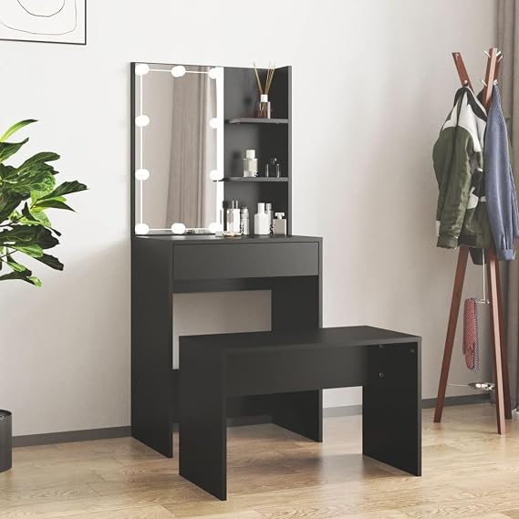 Dressing Table Set with LED Black Engineered Wood,Dressing Table with Large Rectangular Mirror,Vanity Table with Drawers and Open Compartments,Vanity Table,Modern Style