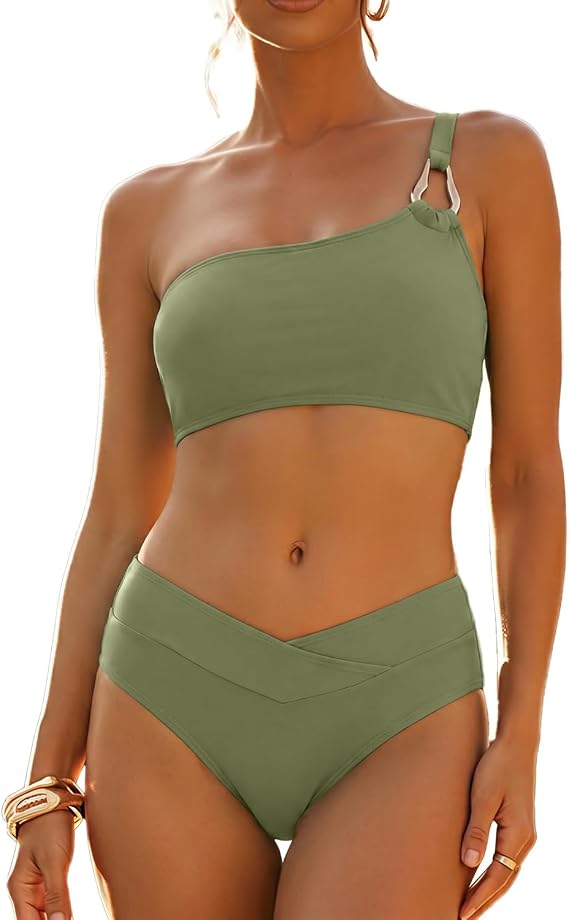 Women's High Waisted Bikini Sets One Shoulder 2 Piece Swimsuit with Classic Full Coverage Bottom