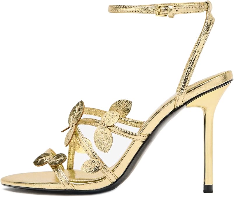 Kluolandi Strappy Metallic Gold Heels for Women Open Toe Ankle Strap Stiletto Heeled Sandals Dressy Party Prom Shoes