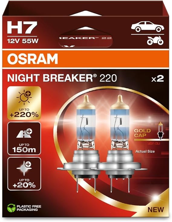 Osram H7 Night Breaker Bulbs, 12V, 220% More Light, Pack of 2 [Energy Class A]
