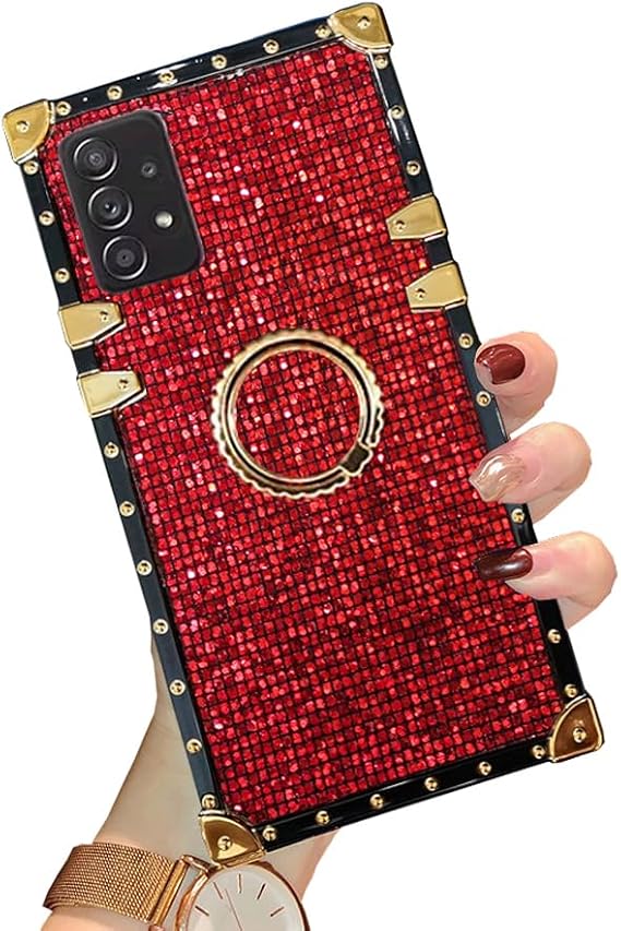 S24+ for Samsung Galaxy S24 Plus 5G Bling Case,Luxury Bling Glitter Sparkle Cute Gold Corner Soft Trunk Cover with Finger Ring Grip Kickstand Phone Skin,Red