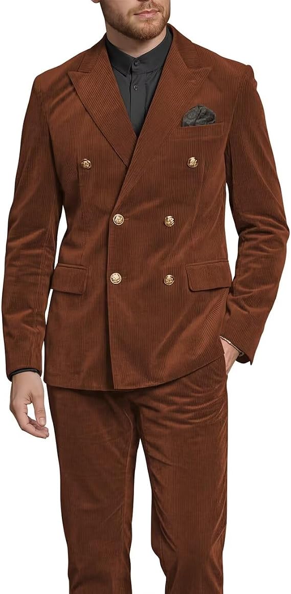 Double Breasted Corduroy Suit Men Slim Fit 2 Piece Retro Corduroy Dress Suit Warm Wedding Prom Suits Set