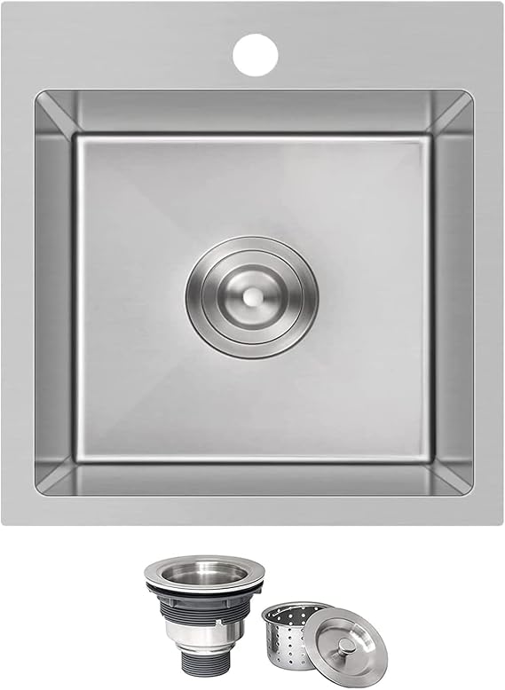 KINGO HOME Drop In Bar Sink,15 x 15 Inch Topmount RV 16 Gauge Stainless Steel Single Bowl Small Kitchen Sink,Outdoor Handmade Stainless Steel Wet Bar Perp Sink with Drain