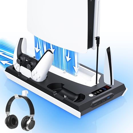 PS5 / PS5 Slim Cooling Station with Dual Controller Charging Station, PS 5 Cooling Stand for PlayStation 5 Console, Headset Holder/ PS 5 Cooling Fan/4 USB Hub All in One Accessories Organizer, Black