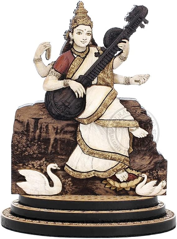 4 Inch Goddess Saraswati Wood Carved Statue in Exotic Hard Woods - Multi Layered Hand Made Wooden Goddess of Knowledge Idol for Car Dashboard, Home, Office, and Travel