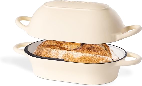 Dutch Oven For Sourdough Bread Baking Enamelled Cast Iron Bread Loaf Pot Oven Safe Non Stick Bread Pot Rectangular, Cream, 24cm x 16cm by Nuovva