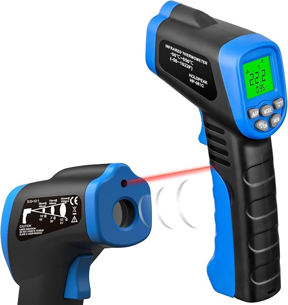 HOLDPEAK 981C Digital Laser Infrared Thermometer Non Contact, IR Heat Temperature Gun Instant-Read -58 to 1022F (-50 to 550C) for Cooking, Grill, Pizza Oven, Griddle, Engine, HVAC, Not for Human