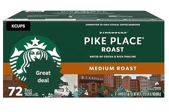 Starbuks Pike Place Roast Medium Roast K'Cup Pods, 72 Count - Single-Serve Coffee Pods for kcups-Brewers - Smooth, Balanced Flavor - Perfect for Morning Coffee