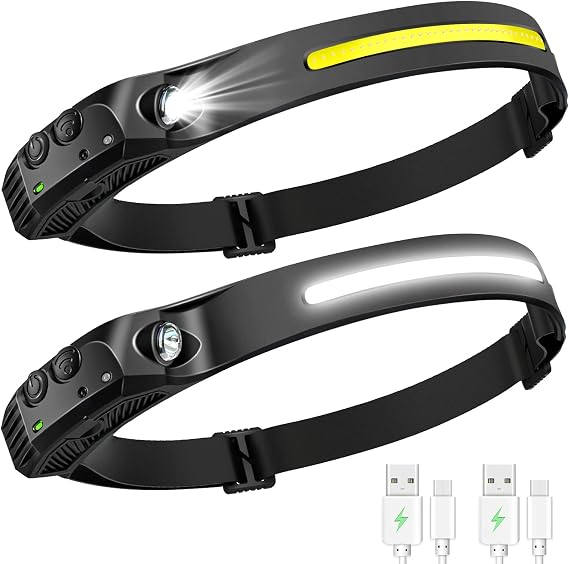 AURUZA 2PCS Headlamp Flashlight, Rechargeable LED Headlamps 2 COB 230Wide Beam Headlight with Motion Sensor Bright 5 Modes Lightweight Waterproof Head Lamp for Outdoor Running, Camping Hiking