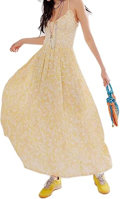 Women Y2k Boho Floral Maxi Dress Vintage Spaghetti Strap Sleeveless A Line Long Dress Summer Beach Flowy Dresses