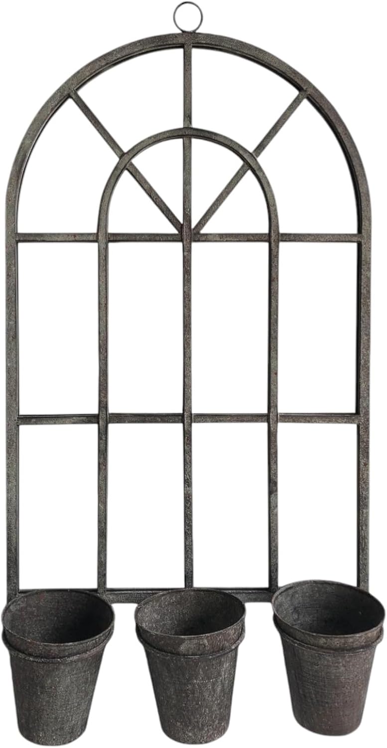 AcaciaHome Vintage Rusty Metal Wall Mirror with Triple Planter 3 Pots Holder - 70cm Arch Design, Indoor/Outdoor Large Garden & Patio Décor for Living & Garden Spaces (1, Geometric Framed)