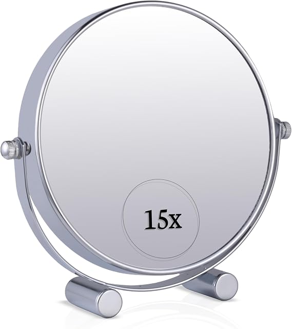 MIRRORVANA Small 15X Magnifying Tabletop Mirror, Portable, 6"x6.7" (Chrome)