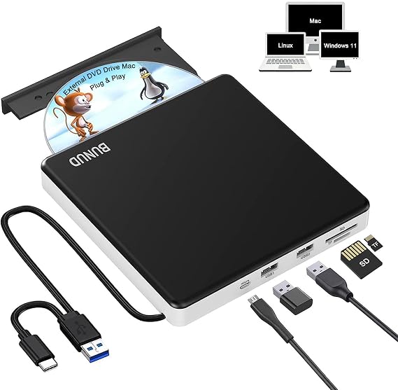 BUNUD External CD/DVD Drive for Laptop, Portable USB 3.0 USB-C CD Writer
