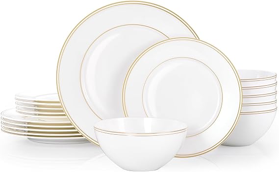KINGSTONE 18Pcs Gold Trim White Bone China Set, Service for 6