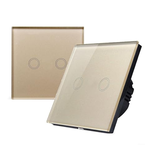 Smart Light Switches, Double Dimmer Touch Switch 2-Gang 1-Way LED Compatible White Glass Panel No Neutral Wire 110-240V(black),gold