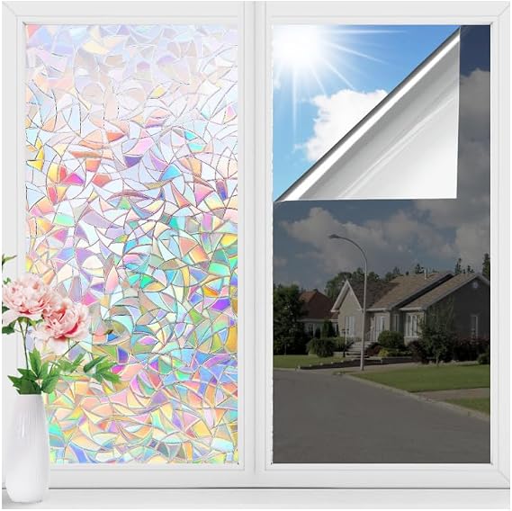 LUTE Window Film 17.5 x 78.7 inches Rainbow Film & Window Tint Black Silver, Static Cling Non-Adhesive Removable Window Covering, Sun UV Blocking