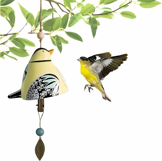 Cute Ceramic Wind Chimes for Outside and Indoor, Memorial Windchime with Soothing Melodic Tones, Gifts for Mom, Garden Patio Balcony Home Decor Hanging Windchimes (Single Bird-Yolk)