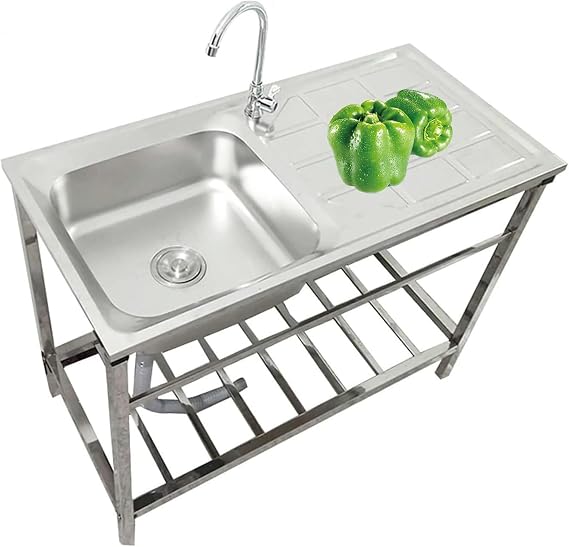 Stainless Steel Utility Kitchen Sink Laundry Sink With Cabinet Portable Evier Cuisine Outdoor Washing Hand Basin Station Sink Garage Freestanding Single Bowl Sink with Hot&Cold Faucet ( Color : Single