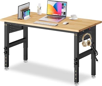Standing Desk, Stand up Desk, 48x24 Inches Sit Stand Home Office Computer Desk with Power Outlet & Pegboard, Rubber Wood Top