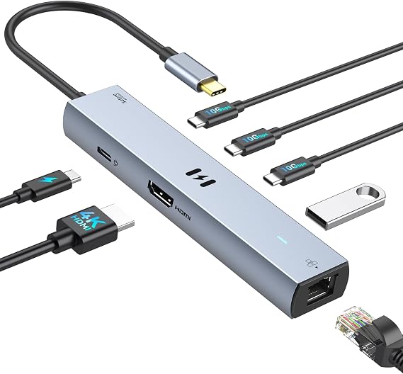 Selore 10Gbps USB C Hub Multiport Adapter, Ethernet Adapter with 4K@60Hz HDMI, Gigabit Ethernet, 3 USB C Ports, 100W PD, USBC Dongle for MacBook Pro Air, iPad, HP, Dell, etc