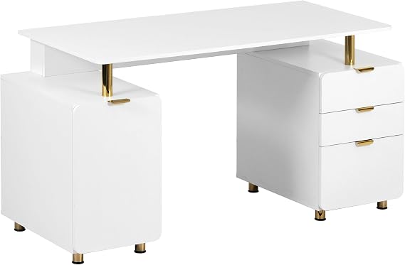 Techni Mobili 57"W Computer Desk w/ 3 Drawers & Storage Cabinet, White/Gold