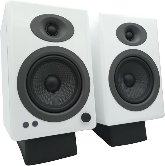 Audioengine A5 White 150W Powered Bookshelf Speakers and DS2 Stands with Remote