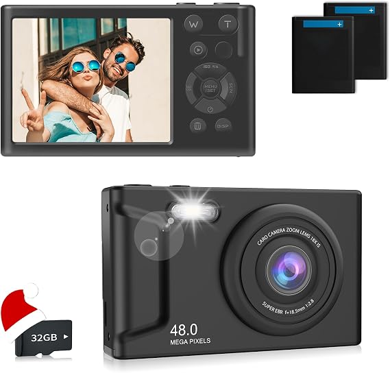 Digital Camera 4K, Nvgfelis 48MP Compact Point and Shoot Camera with 32GB Card, 2×1050mAh Batteries, 16X Zoom Anti-Shake, Portable Small Digital Camera Gift for Students, Kids & Teens (4K-Black-32GB)