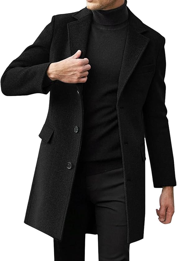 Men's Classic Single Breasted Peacoat Wool Blend Overcoat Winter Slim Fit Long Trench Coat Business Pea Jacket