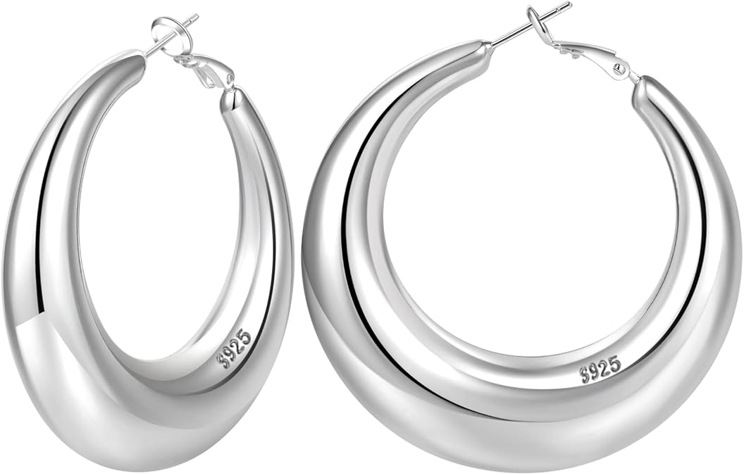 PABBEU Sterling Silver Hoop Earrings S925 Chunky Silver Hoop Earrings
