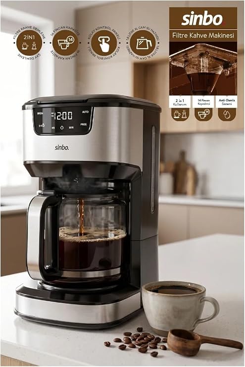 Sinbo SCM-9041 Otomatik Zaman Ayarlı Xl 14 Fincan Filtre Kahve Makinesi Dijital Göstergeli